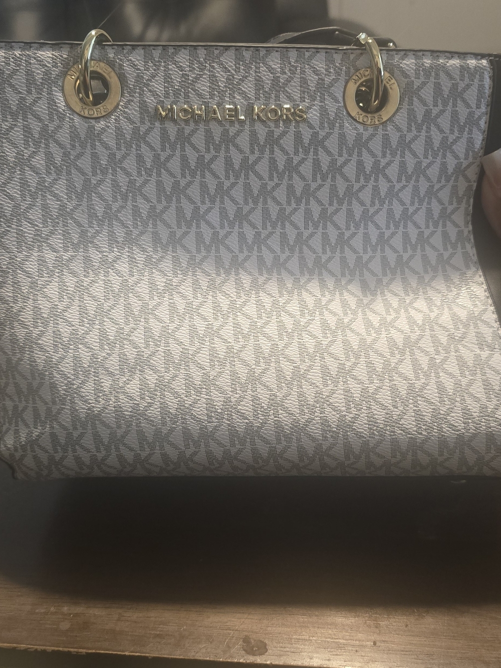 Michael Kors Light Gray and White MK Logo Tote with Gold Hardware